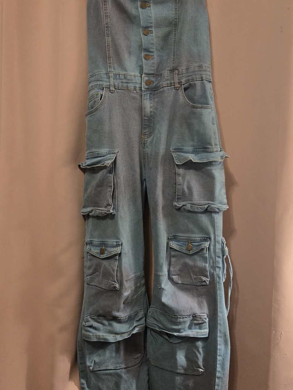 Light Blue And Pink Stapless Cargo Denim Jumpsuit Size M